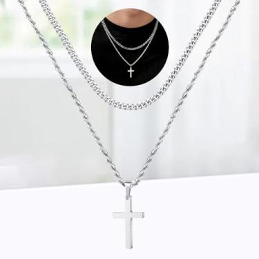 Imagem de Colar de cruz de aço inoxidável - Corrente com pingente de cruz dourada preta e prata para homens, one size, Aço inoxidável, Sem Pedra Preciosa