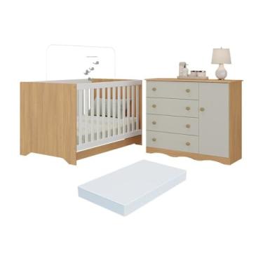 Imagem de Berço Americano 3 em 1 com Colchão Incluso e Cômoda 1 Porta 4 Gavetas Realeza Multimóveis Mp4697 Madeirado/off White