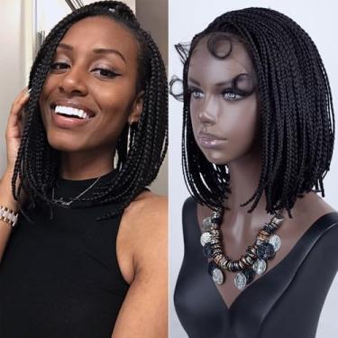 Imagem de DIRUISI Perucas Curtas De 12" Com Trança Frontal Em T E Cabelo Bebê, Tranças Completas, Bob Lateral Natural, Linha A Sintética Para Mulheres Negras, Uso Diário (1B#)