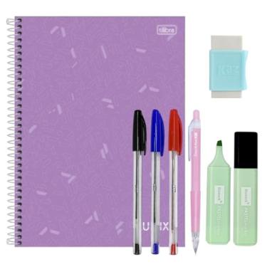 Imagem de Kit Escolar com 7 Itens Canetas Caderno Lapiseira Borracha Marca Texto Colorido Conjunto Aula