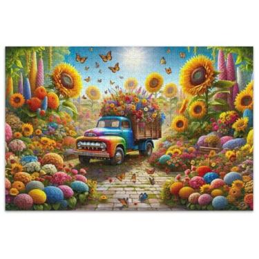 Imagem de Quebra-cabeça de flores de caminhão de jardim 500 peças para adultos arte brinquedo pintura mordaça presente quebra-cabeça presentes para amantes de quebra-cabeça