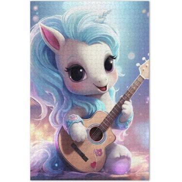 Imagem de Quebra-cabeças fofos de unicórnio com desenho animado de guitarra de 1000 peças para adultos, cenário floral