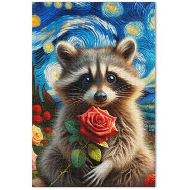 Imagem de Quebra-cabeça de flores rosa guaxinim noite estrelada para adultos 500 peças presentes de elefante branco engraçado paisagem desenhos animados animais, 50 x 35 centímetros