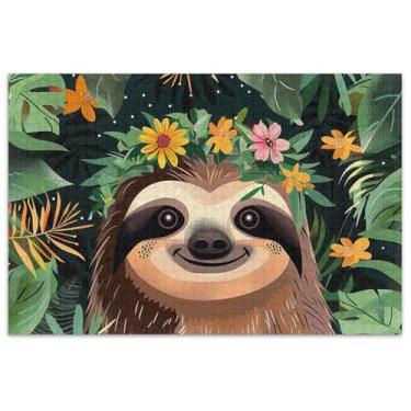 Imagem de Quebra-cabeça fofo com flores de preguiça 1000 peças para adultos, divertido, bobo, exclusivo, estampa de animal fofo
