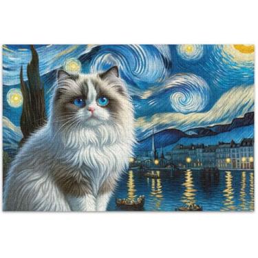 Imagem de Ragdoll Quebra-cabeças de gato noite estrelada adulto 500 peças presentes família elefante branco personalizado quebra-cabeças difíceis família brinquedo artístico 50 x 14,9 polegadas
