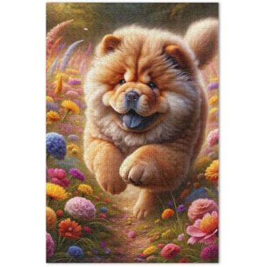 Imagem de Quebra-cabeça de cachorro adulto Chow Chow floral primavera 1000 peças presentes de festa elefante branco mordaça presente flor pintura animal, 75 x 40 centímetros