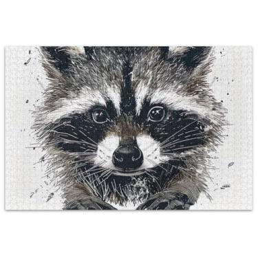 Imagem de Quebra-cabeça guaxinim fofo preto branco 500 peças para adultos decoração de casa arte quebra-cabeça duro presentes adultos elefante branco