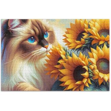 Imagem de Ragdoll Gato Girassol Gatinho 1000 Peças Quebra-cabeças Adultos Arte Brinquedo Pintura Personalizada Quebra-Cabeças Únicas para Adultos Jogo Quebra-Cabeças Presentes, 75 x 40 cm