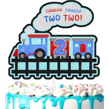 Imagem de Chugga Two Cake Topper Train Theme Kids 2nd Birthday Happy Decoration, festa de aniversário de meninos e meninas, trem ferroviário transporte festa trem vapor Choo Choo decoração