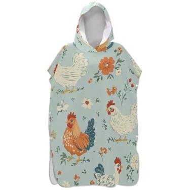 Imagem de Joisal Poncho de surfe para mudança de roupão adulto toalha de banho com capuz bonito de secagem rápida poncho masculino com capuz galinhas flores azul
