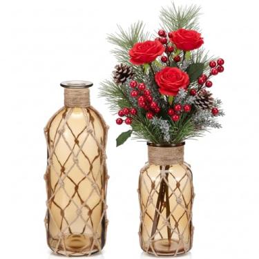 Imagem de Chuangdi Conjunto de 2 vasos de vidro costeiros para flores, pequeno vaso de flores com corda boho, garrafa decorativa de praia para mesa náutica costeira centro de mesa decoração de arranjo floral de