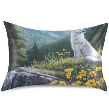 Imagem de Capas de almofada de cetim com paisagem de primavera de lobo uivando almofada padrão Queen King decoração de cama para casa, tamanho king, 101,6 cm x 50,8 cm