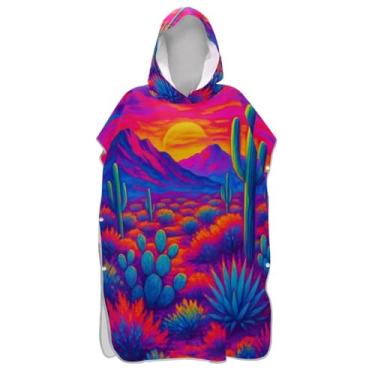 Imagem de TSENQUE Poncho de toalha de praia de secagem rápida de cacto do deserto neon para adultos roupão de banho com capuz à prova de areia, tamanho único