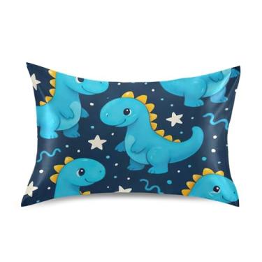 Imagem de Travesseiros de cetim padrão de dinossauros de desenho animado azul fofo para resfriamento de cabelo decoração de cama king size 101,6 cm x 50,8 cm