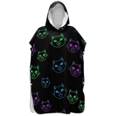 Imagem de Joisal Neon Cat Black Surf Poncho Trocador para Adul Beach Hoodie Toalha Floral Secagem Rápida Poncho Masculino com Capuz