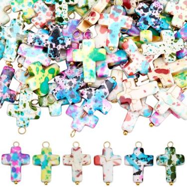 Imagem de SUNNYCLUE 1 caixa, 60 peças, 6 cores, pingente de cruz turquesa, pingente de cruz de pedra preciosa a granel Páscoa colorida crucifixo de pedra sintética anel de ouro crucifixo pingentes para fazer
