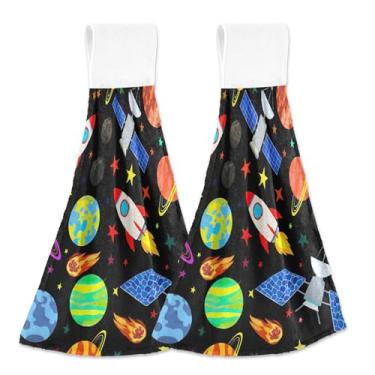 Imagem de Toalhas de mão personalizadas de foguetes de desenho animado preto com laços para pendurar toalhas de forno conjunto de 2 toalhas de cozinha macias absorventes decorativas, 46 x 35 cm