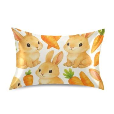 Imagem de Lindos coelhos cenouras fronhas de cetim branco engraçado refrescante king queen fronha padrão premium almofadas de cama macias tamanho padrão básico 66 cm x 50 cm
