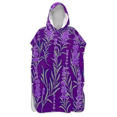 Imagem de TSENQUE Poncho de surfe para adultos trocador de roupão de praia com capuz toalha de natação plus size homens mulheres poncho com capuz lavanda videira flores roxas