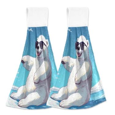 Imagem de Toalhas de mão com laços para pendurar desenho animado urso polar forno toalha de dedo conjunto de 2, toalha absorvente macio bonito casa e cozinha, 18,2 x 14 polegadas