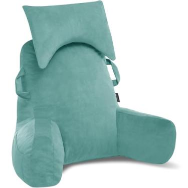 Imagem de Unisakey Travesseiros de leitura portáteis com encosto de cabeça para cama sentado (azul lago), travesseiro de costas com braços e bolsos para adultos, almofada de cama de espuma viscoelástica para