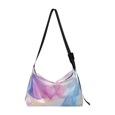 Imagem de Bolsa tiracolo grande de couro com macieiras de outono, bolsa tiracolo moderna, bolsa masculina de couro, Azul e rosa pintadas - 1, One Size