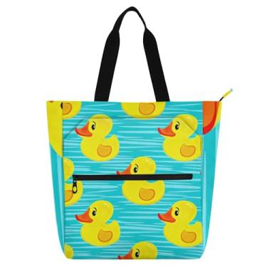 Imagem de GAIGEO Linda sacola de lona listrada azul de patos amarelos para crianças, mulheres, escola, trabalho, viagem, bolsa de lona com zíper