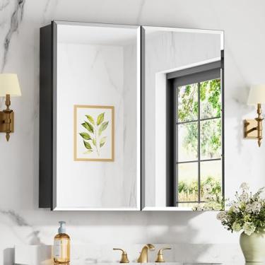 Imagem de Armário de remédios de 76 x 76 cm com espelho, armário de espelho de banheiro com moldura de alumínio, porta espelhada de borda chanfrada, prateleiras ajustáveis, espelhos de banheiro de montagem em