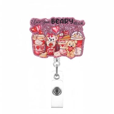Imagem de Carretel de crachá de urso fofo, design de copo de urso pequeno coração dos namorados com clipe retrátil, carretel de crachá de cobertura completa com glitter brilhante, porta-crachá de acrílico