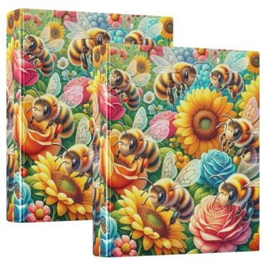 Imagem de Fichário com três anéis de flores coloridas com abelhas fofas de 3 cm comporta 200 folhas de pastas extravagantes portfólio anel redondo fichário de escritório, 31,5 x 27 x 6 cm, pacote com 2