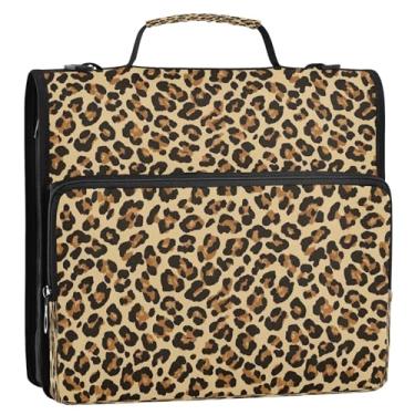Imagem de Bolsa de fichário natural com 3 anéis marrom com manchas de leopardo de 3 anéis, grande organizador de portfólio com zíper para escola, escritório, bolsa de armazenamento de documentos com vários