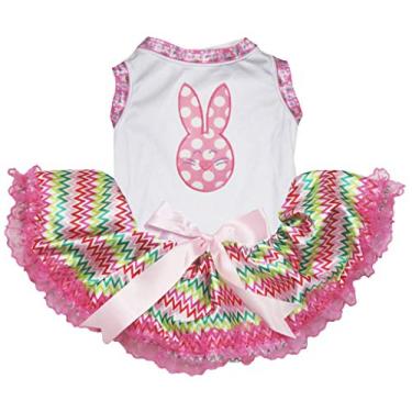 Imagem de Petitebella Vestido de cachorro com estampa de coelho de bolinhas (branco/arco-íris de renda chevron grande, grande)