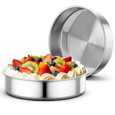 Imagem de Beasea Forma de bolo de 20 cm, pacote com 2 formas redondas de cheesecake de aço inoxidável para assar, molde de bolo de camada de metal para aniversário, casamento, resistente, fundo fixo
