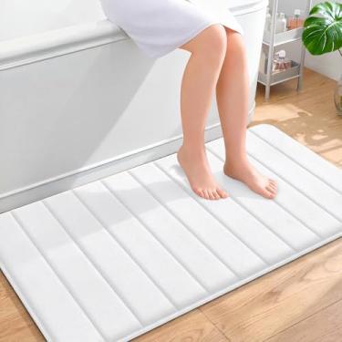 Imagem de OLANLY Tapete de banho listrado de espuma viscoelástica 111 x 61 cm, tapetes de banheiro absorventes super macios, secagem rápida, tapetes de chuveiro laváveis na máquina, tapete de banho, acessórios