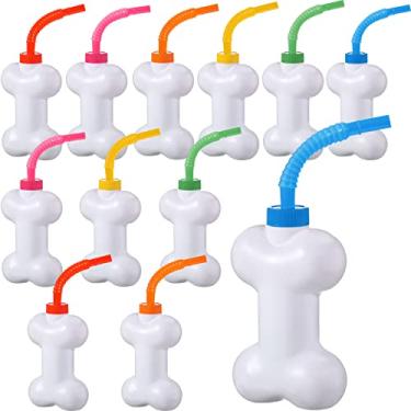 Imagem de Eaasty Conjunto de 12 peças de copos de osso de cachorro com canudos e tampas 283 g de plástico reutilizável em forma de osso de cachorro para presentes de festa de aniversário para crianças