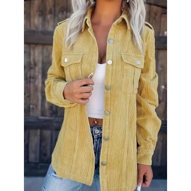 Imagem de Casaco feminino de veludo cotelê amarelo mostarda - Jaqueta de camisa grande com botões frontais, Preto, M