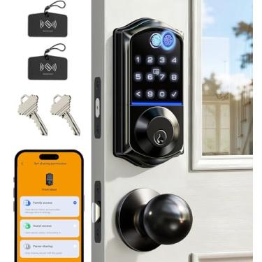 Imagem de Veise Fechadura inteligente de impressão digital VE017-K com 2 maçanetas, controle de aplicativo, fechadura frontal de porta de entrada sem chave com conjunto de alças, fechadura digital eletrônica, à