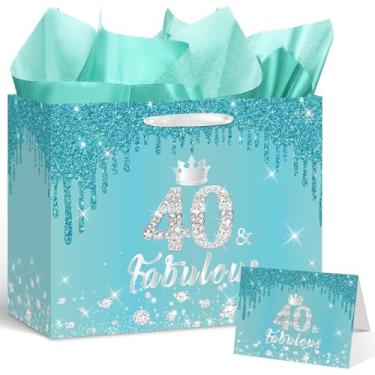 Imagem de Yoirrat Bolsa de presente de aniversário de 40 anos para mulheres com papel de embrulho e cartão azul-petróleo, grande, bolsa de aniversário de 40 anos, 40 anos e fabulosa lembrancinhas de festa de