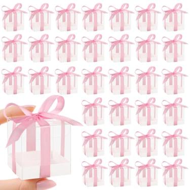 Imagem de Hxezoc Pacote com 50 caixas de lembrancinhas, 5 x 5 x 5 cm, transparente com fitas rosa, mini presente de plástico para casamento, festa de aniversário, chá de bebê, suprimentos de decoração de sala