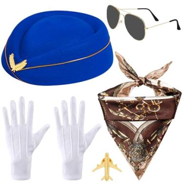 Imagem de VASTRISE 6 peças acessórios de fantasia de comissária de bordo para mulheres, roupas de aeromoça, chapéu, cachecol, luvas de óculos de sol para o Dia das Bruxas, Azul, Universal size