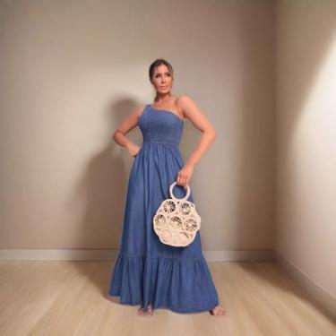 Imagem de Vestido Primavera/Verão Feminino Longo Jeans Rodado Manga Unica Com El