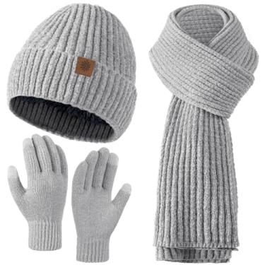 Imagem de Conjunto de luvas de gorro de inverno para mulheres, gorro de inverno forrado com lã despojado, gorro de caveira, cachecol longo de tricô, luvas de tela sensível ao toque para mulheres e homens