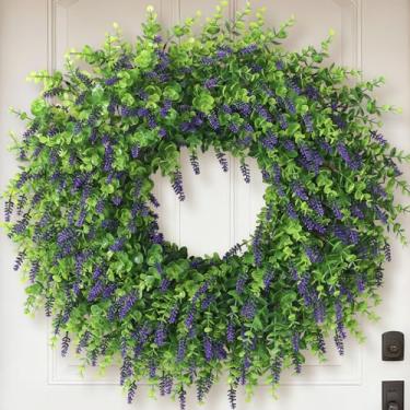Imagem de Guirlanda artificial de lavanda e eucalipto de 66 cm para porta da frente – Guirlanda externa resistente a UV para parede, janela, casa de fazenda, primavera e verão