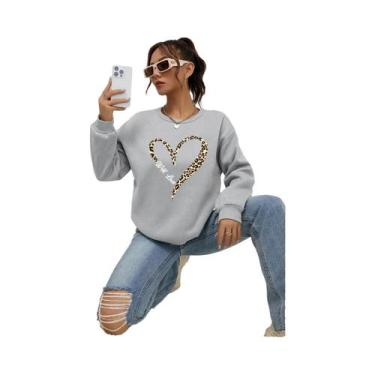 Imagem de Moletom Feminino Com Estampa De Coração De Leopardo, Forrado Com Pelo,