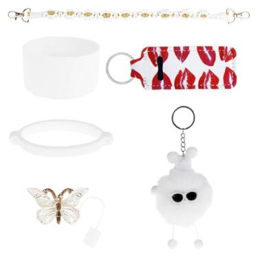 Imagem de Conjunto de acessórios para copos de 6 peças, conjunto de acessórios de garrafa de água, alça de alça para garrafa de água, capa de palha, anel de copo e pingente de pompom para copo (branco)