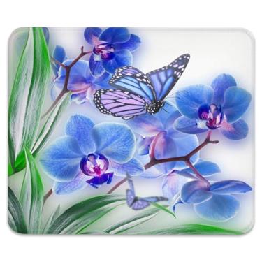 Imagem de Tapete de mouse antiderrapante para jogos e escritório com bordas costuradas 24 x 19 cm, flor de orquídea azul com borboleta monarca durável superfície lisa tapete de mesa