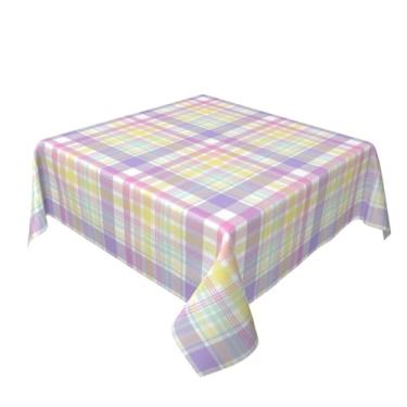 Imagem de JEFERSO Toalha de mesa quadrada xadrez de Páscoa, 137 x 137 cm, colorida, rosa, amarela, roxa, buffalo, xadrez, poliéster, xadrez, decoração de primavera, capa de mesa para festas em casa, cozinha