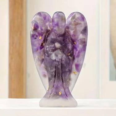Imagem de 1 estátua de anjo da guarda de cristal de resina, feita com técnicas de epóxi, com arte de pedra preciosa roxa, perfeita para decoração de casa