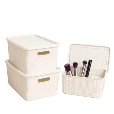 Imagem de Kit 3 Caixas Organizadoras Rattan Plástico 5L com Tampa e Alças Empilhável Multiuso Casa(Branco)