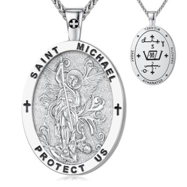 Imagem de Colar de medalhão oval de São Miguel, cobre banhado a ouro, pingente de 5 x 3 cm com corrente de 40 cm + 5 cm, medalha de oração de proteção religiosa, colares com pingente de cruz religiosa com